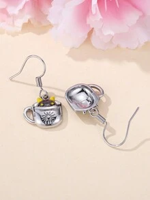 2入組時尚茶碗&小貓裝飾用品吊墜耳環,理想禮品適用於女士們適用於日常穿著和日期