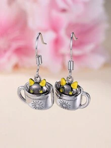2入組時尚茶碗&小貓裝飾用品吊墜耳環,理想禮品適用於女士們適用於日常穿著和日期