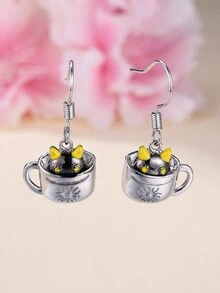 2入組時尚茶碗&小貓裝飾用品吊墜耳環,理想禮品適用於女士們適用於日常穿著和日期