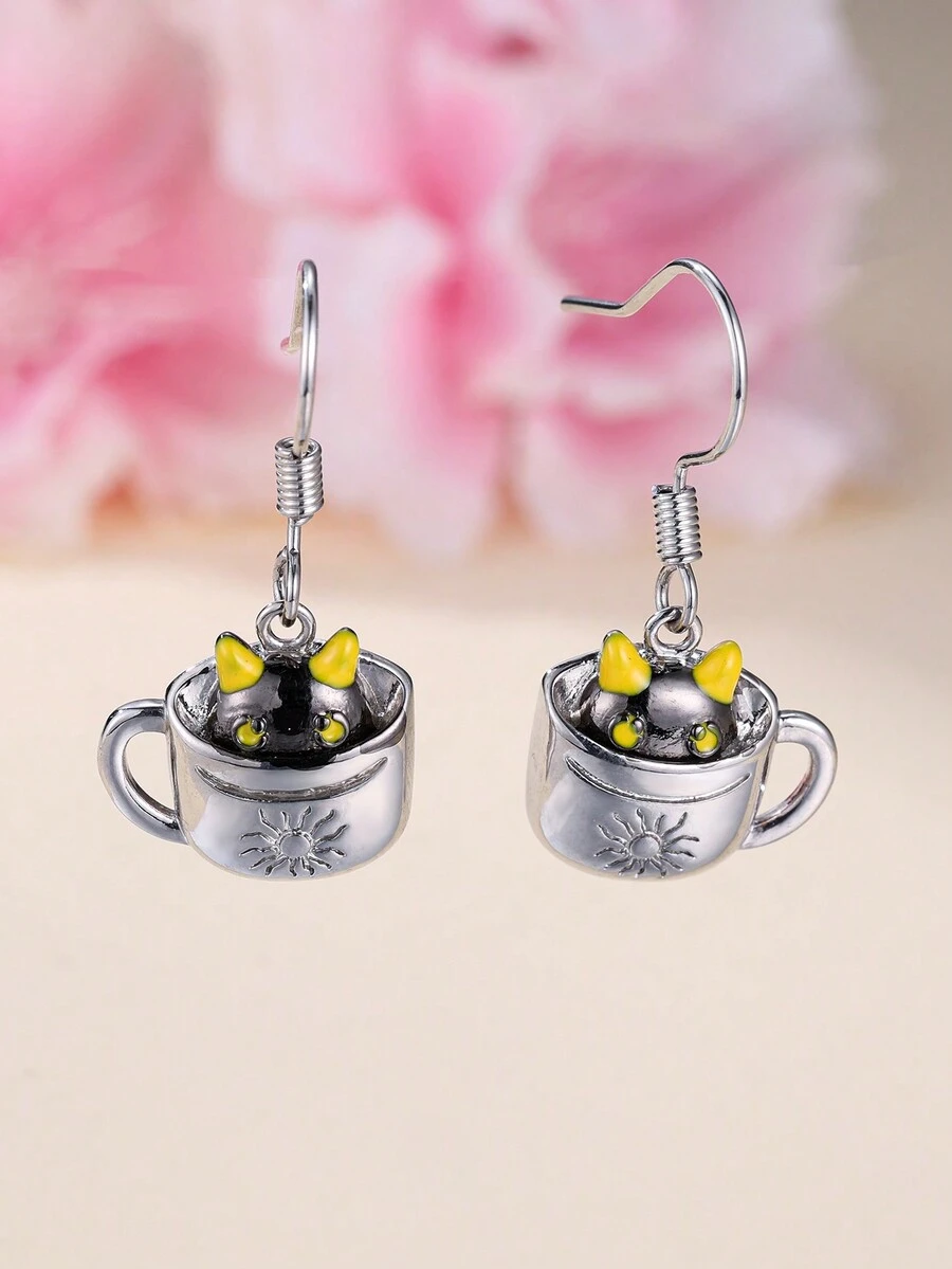 2入組時尚茶碗&小貓裝飾用品吊墜耳環,理想禮品適用於女士們適用於日常穿著和日期