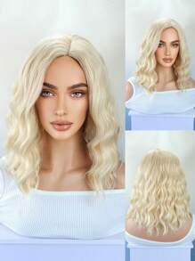 金髮短波波合成波浪假髮中間部分白金及肩假髮女式天然角色扮演頭髮耐熱 - 金色 - 查看 1