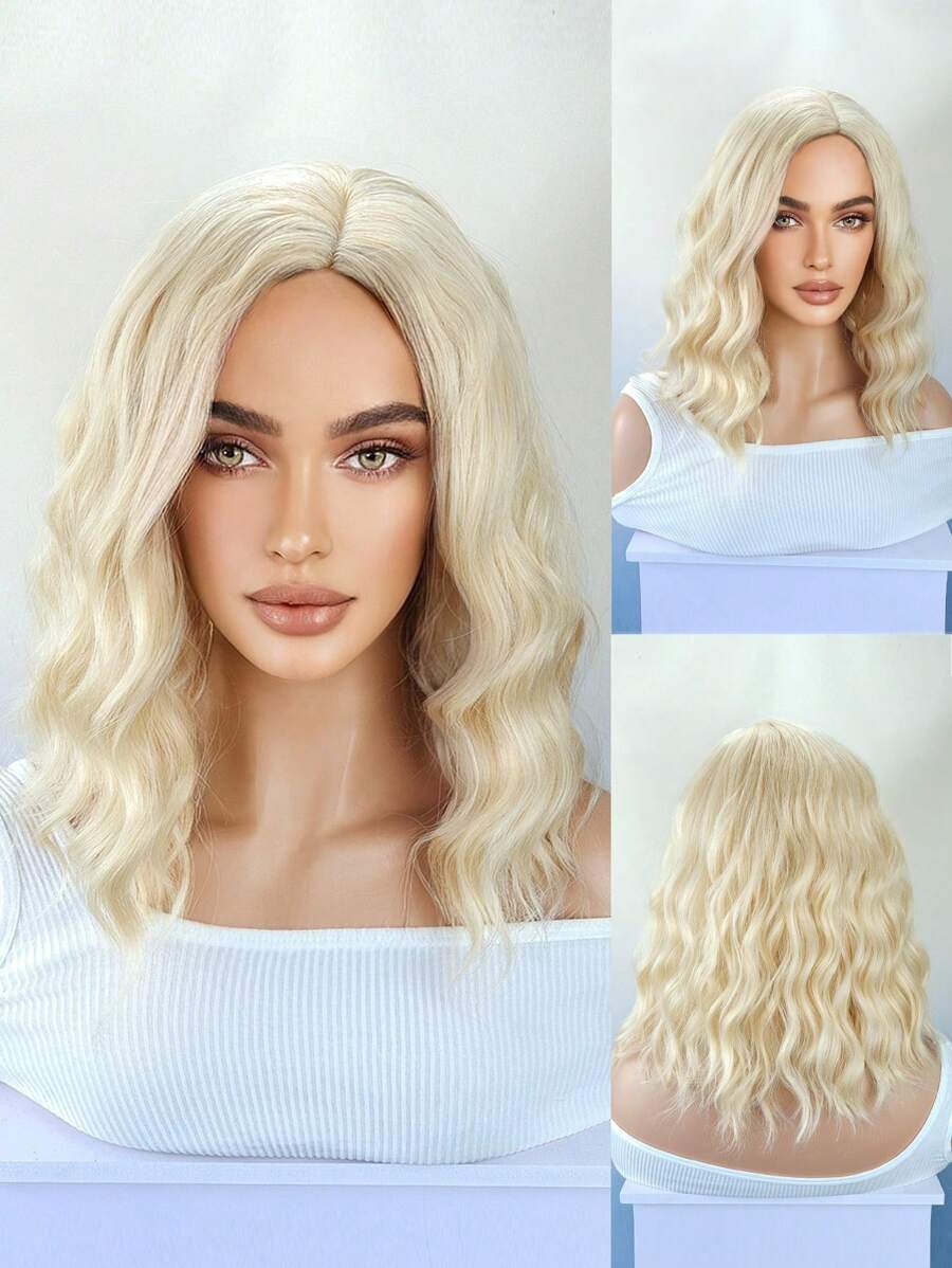 金髮短波波合成波浪假髮中間部分白金及肩假髮女式天然角色扮演頭髮耐熱 - 金色 - 查看 1