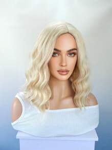 金髮短波波合成波浪假髮中間部分白金及肩假髮女式天然角色扮演頭髮耐熱 - 金色 - 查看 3
