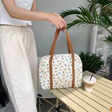 Cute Bear & Floral Patterned Mommy Bag With Stitching Detail, Large Capacity Tote Bag Can Be Carried By Hand Or Shoulder - White - View 3