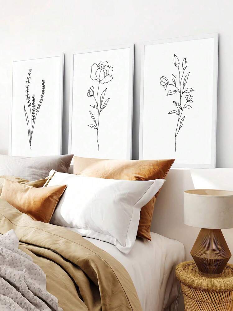Set 3 Stampe Floreali Minimaliste Su Tela – Quadri Botanici Con Linee Verdi – Decorazione Parete Moderna Per Soggiorno E Camera – 40,6x61 Cm Con Cornice