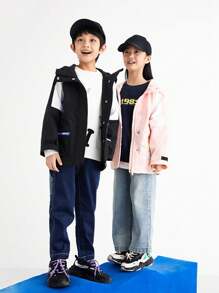 Annil Tween Girl Colour Block Letter Patched Raglan Sleeve Hooded Coat - Pink - View 2