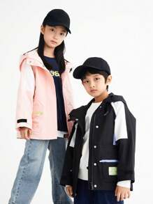 Annil Tween Girl Colour Block Letter Patched Raglan Sleeve Hooded Coat - Pink - View 1