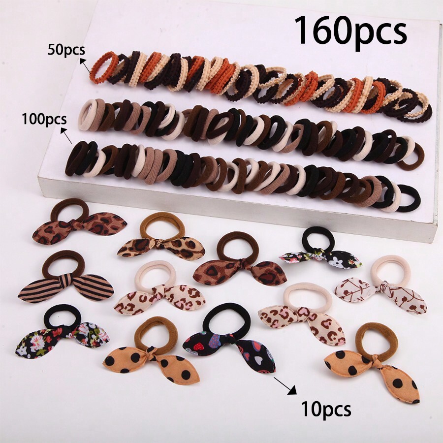 160pcs Girls' Coffee Color Nondamaging Elastic Hair Ties Hair Bands