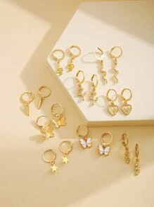 18入流行蝴蝶心形五角星花葉裝飾耳環套裝,適合女士日常佩戴 - 金黃色 - 查看 2