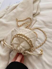 纯色优雅菱形迷你抽绳桶形PU通勤女士单肩斜挎包，配链条肩带 - 米色 - 查看 3