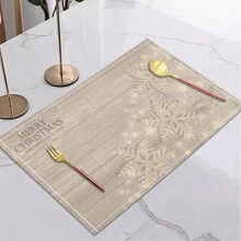 1pc Christmas Gray Wood Grain Snowflake & Letter Printed Linen Placemat - Wood grain snowflake-1pc - View 2