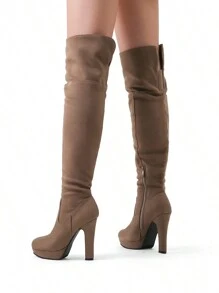 Women Chunky Heeled Over The Knee Boots Classic Suede Leather Round Toe High Heel Ultra Long Boots For Autumn & Winter Halloween Party Daily Wearing - Màu Khaki - Xem 5