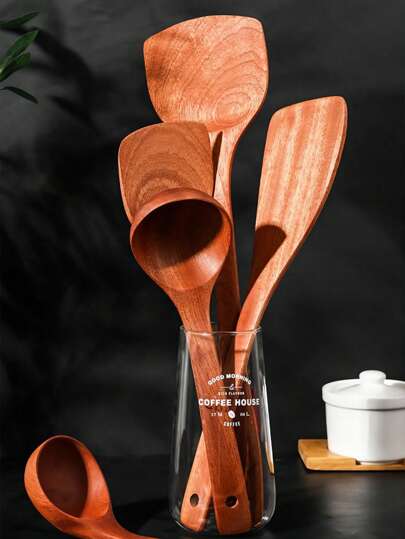 4pcs/Set Ebony Wooden Cooking Utensils, Non-Stick Kitchenware, Skimmer, Ladle, Turner, Spatula