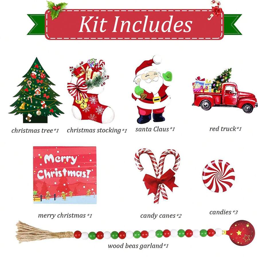 11入組室內分層托盤裝飾品-糖果拐杖木製牌子、紅色卡車木珠串燈飾、聖誕老人快樂聖誕襪樹農家風格居家廚房冬季桌面裝飾 - 彩色 - 查看 1