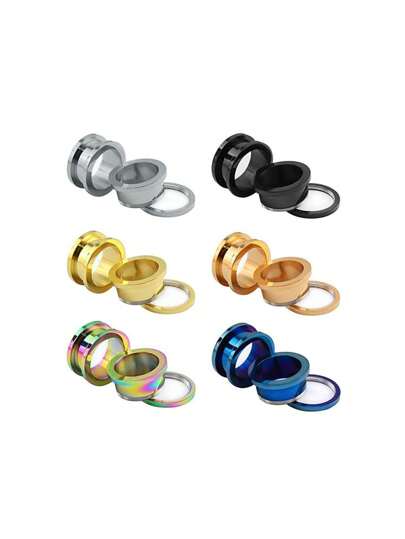 1對朋克風格不鏽鋼金色車輪耳夾和隧道插頭耳環套裝,適合男性日常佩戴