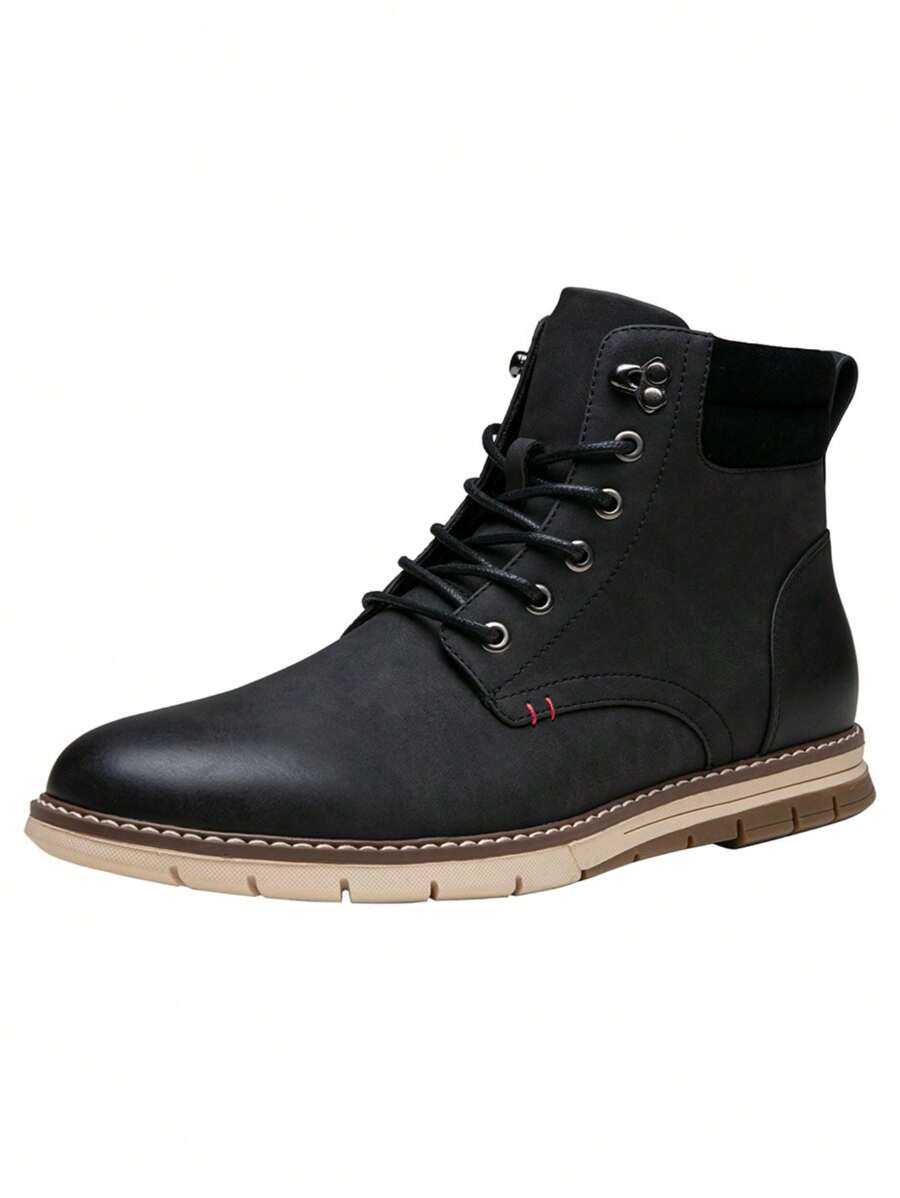 SHOESMALL Men's Fashion Waterproof Motorcycle Black Boots Zipper Casual Boots Chukka PU Leather Black Boots - BMY8035A-黑色 - 查看 1