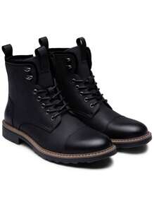 SHOESMALL Men's Fashion Waterproof Motorcycle Black Boots Zipper Casual Boots Chukka PU Leather Black Boots - BMY8038-黑色 - 查看 5