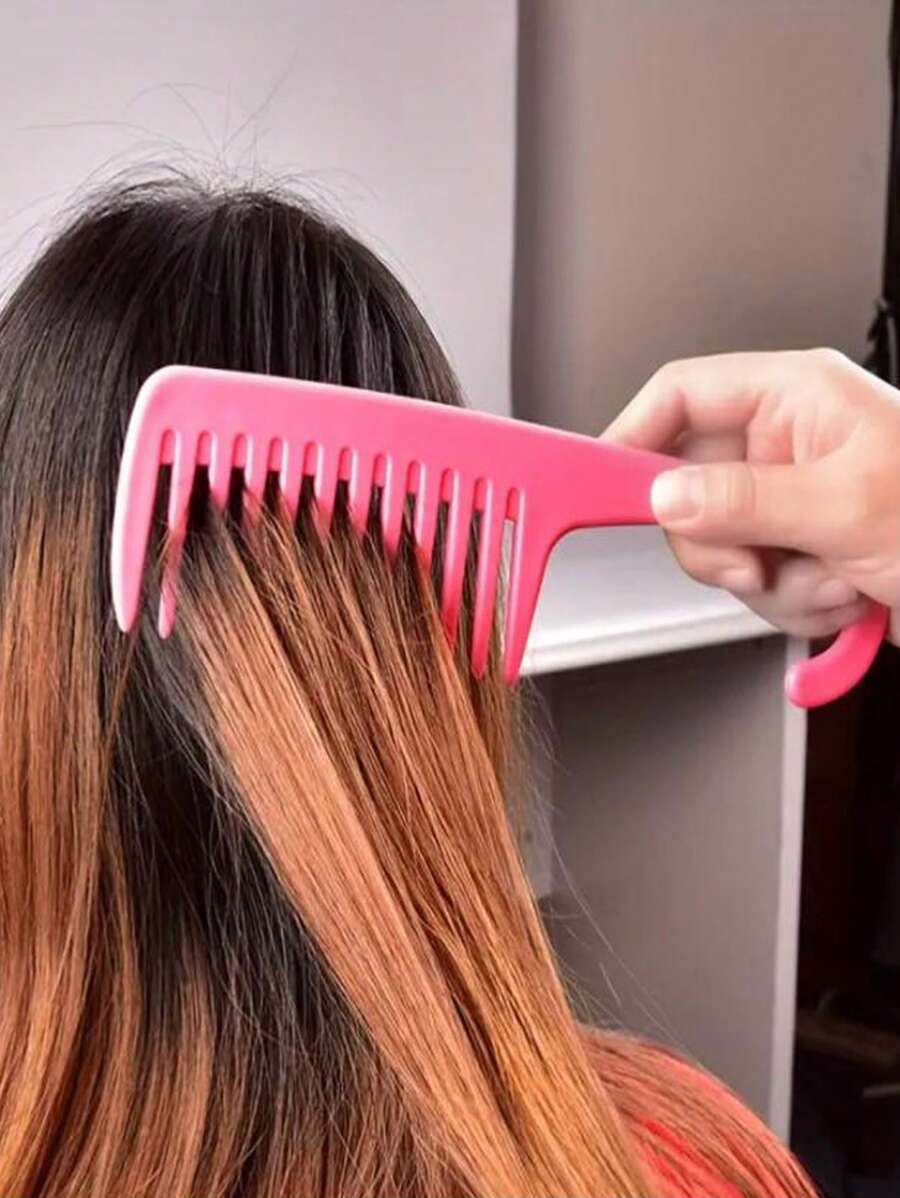 1pc Wide Tooth Curved Hook Comb, Random Color, Plastic Large Tooth Comb With Hook For Big Wavy, Curly Hair And Perm - Multicolor - View 1