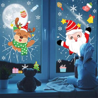 90pcs Christmas Snowflakes Reindeer Santa Claus Electrostatic Stickers, Xmas Window Glass Decoration Stickers