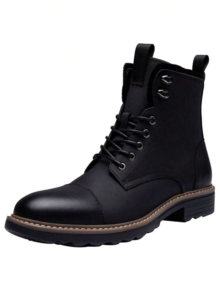 SHOESMALL Men's Fashion Waterproof Motorcycle Black Boots Zipper Casual Boots Chukka PU Leather Black Boots - BMY8038-黑色 - 查看 1