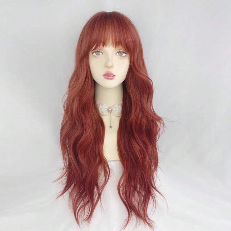 Perruque longue, ondulée et naturelle en rouge pour femmes avec frange, perruque synthétique résistante à la chaleur pour usage quotidien et fête - Rouge - Voir 3