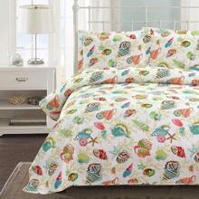 3Pcs Summer Beach Bedspreads Set King Queen Twin Size Lightweight Coastal Ocean Theme Quilts Seashell Conch Coverlet Sets Starfish Seahorse Seaweed Printed Bedding Pillow Shams - 綠黃色 - 查看 2