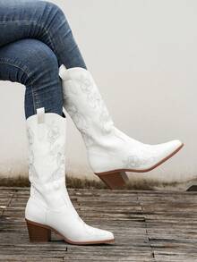 Của phụ nữ Đúng mốt Trắng Phong cách phương Tây Giày ống - trắng - Xem 2