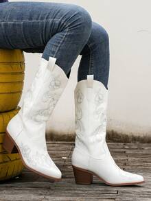 Của phụ nữ Đúng mốt Trắng Phong cách phương Tây Giày ống - trắng - Xem 1