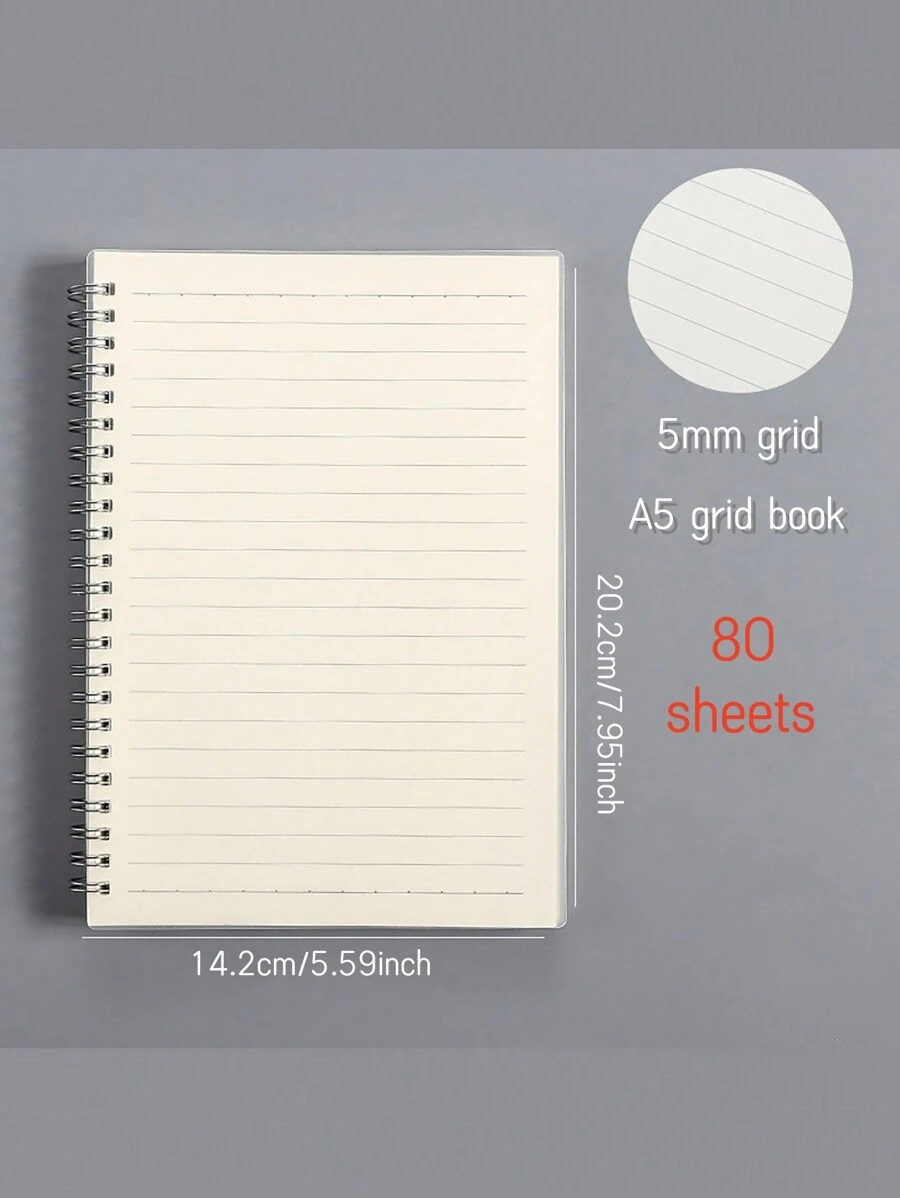 Cuaderno Espiral A5 Con Cubierta Transparente Mate, Líneas Y Cuadrícula (80 Hojas) Para Estudio Y Trabajo - Beis - Ver 1