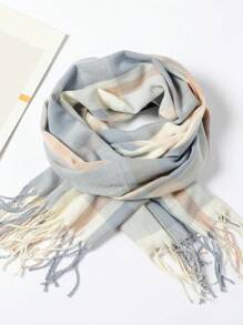 1 件女士秋冬圍巾,格子拼布流蘇保暖披肩