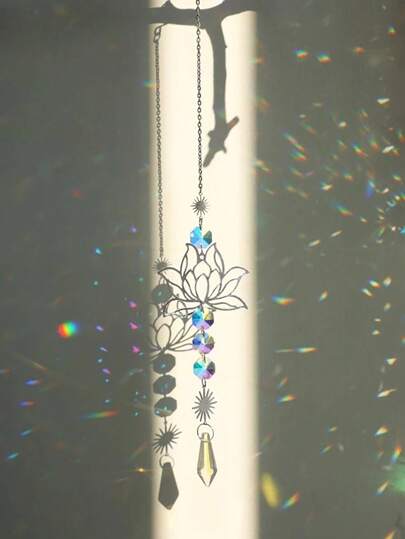 1pc Silver Sun & Lotus Shape Decoration Wall Hanging, Artificial Crystal Colored Glass Prism Sun Catcher For Car, Window And Garden Decoration