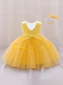 Baby Girls Sleeveless Solid Color Tulle Waist Bow Fluffy Skirt, Elegant Dress Suitable For Birthday Party, Hair Band Included - Yellow - View 3