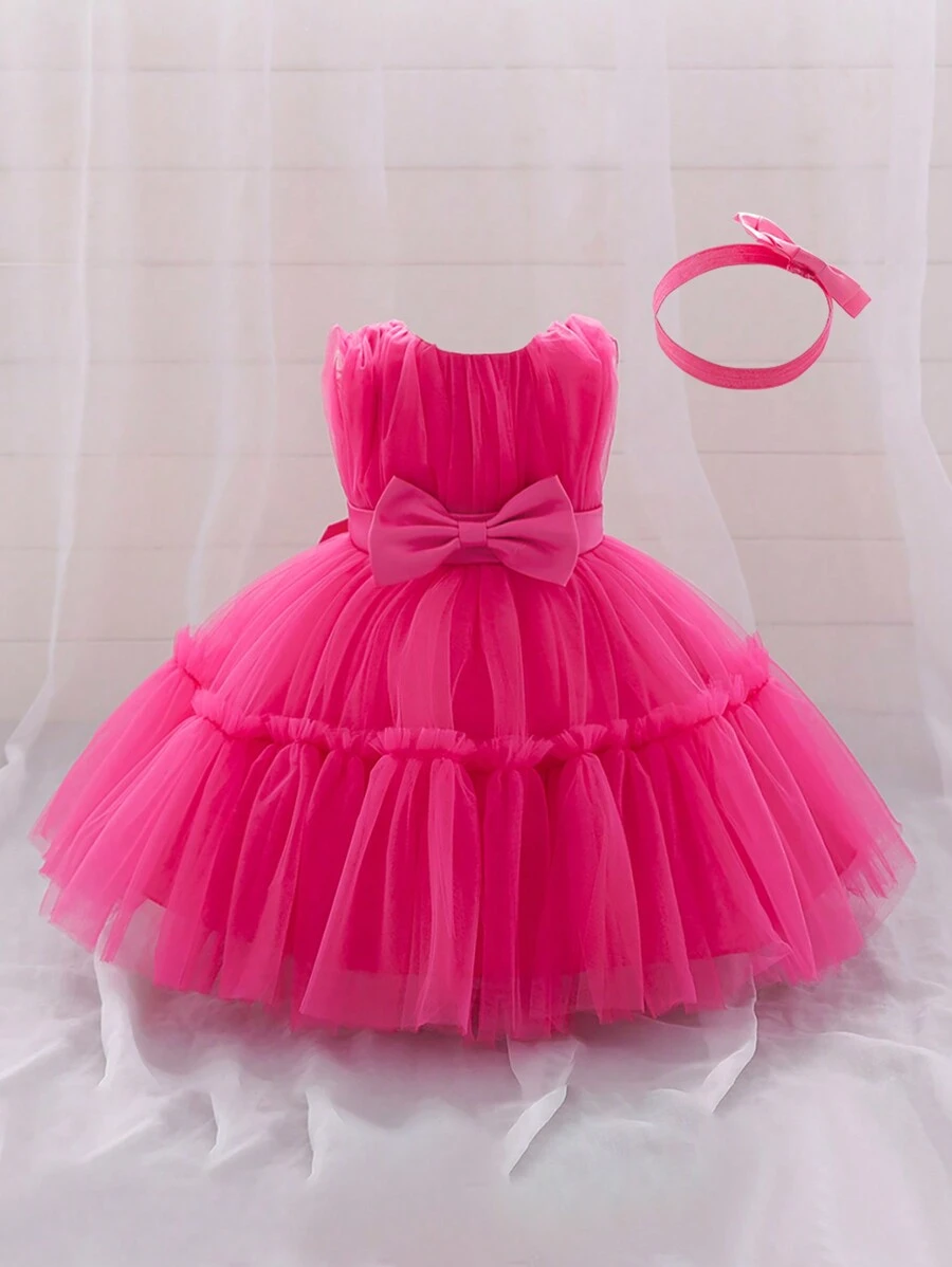 Vestido sin mangas de unicolor para bebé niña con lazo en la cintura de tul esponjoso, elegante y apropiado para fiesta de cumpleaños, incluye diadema