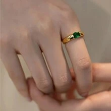 1pc 18k Gold Plated European & American Style Grandmother Green Glass Gemstone Ring With Glossy Surface For Women - Gold - View 3