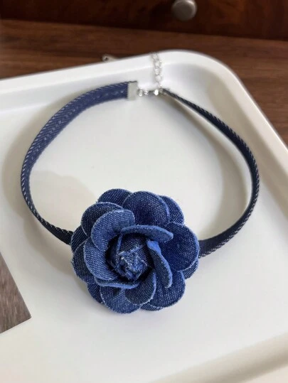 1 pezzo Collana vintage stile 3D con fiore in denim blu, regalo per San Valentino, mamma, madre, festa della mamma