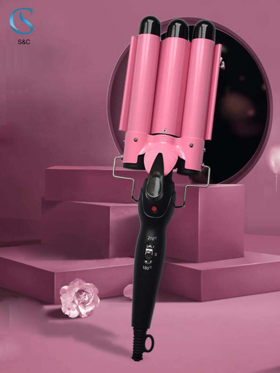 Rizador de Pelo de Cerámica, Temperatura Ajustable, Portátil 3 Barriles, Ondulador de Pelo Varita Rizadora