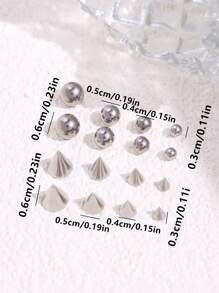 1set 16pcs  Stainless Steel Geometric Ball Fake Piercing Stud Set Fake Nose Ring Stud Sticker Pack Fake Eyebrow Lip Piercing Non Piercied Body Jewelry - Silver - View 8