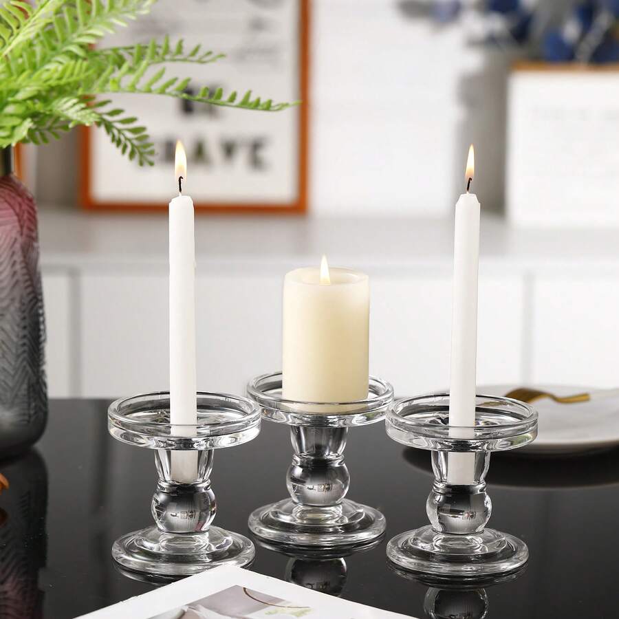3 件/套帶蠟底玻璃燭台,家居裝飾品,適合派對、節日、婚禮 - 無色 - 查看 1