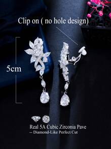 1 Pair No Ear Hole Design Cubic Zirconia Flower & Leaf Drop Style Clip-On Earrings For Women Wedding/Bridal Party, Without Piercing Valentines,Mom,Mother,Mother's Day,Gift