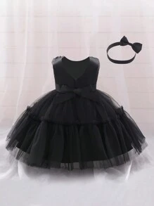 Baby Girls' Solid Color Sleeveless Mesh Dress With Bowknot Decorated Waistband, Elegant & Party Dress, Ideal For Birthday Party