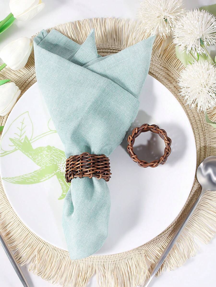 1pc Woven Rattan-like Napkin Ring For Outdoor Table Decoration - Coffee Brown - View 1