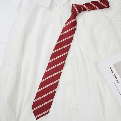 1pc Men's Red Striped Polyester Academy Style Student Uniform Groom Shirt With Decorations Handmade Casual Men Necktie