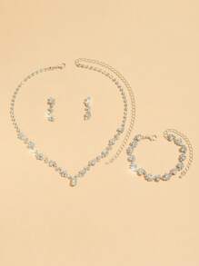 1set Fashionable Full Rhinestone Rose Gold Jewelry Set Including Necklace, Earrings And Bracelet - Rose Gold - View 6