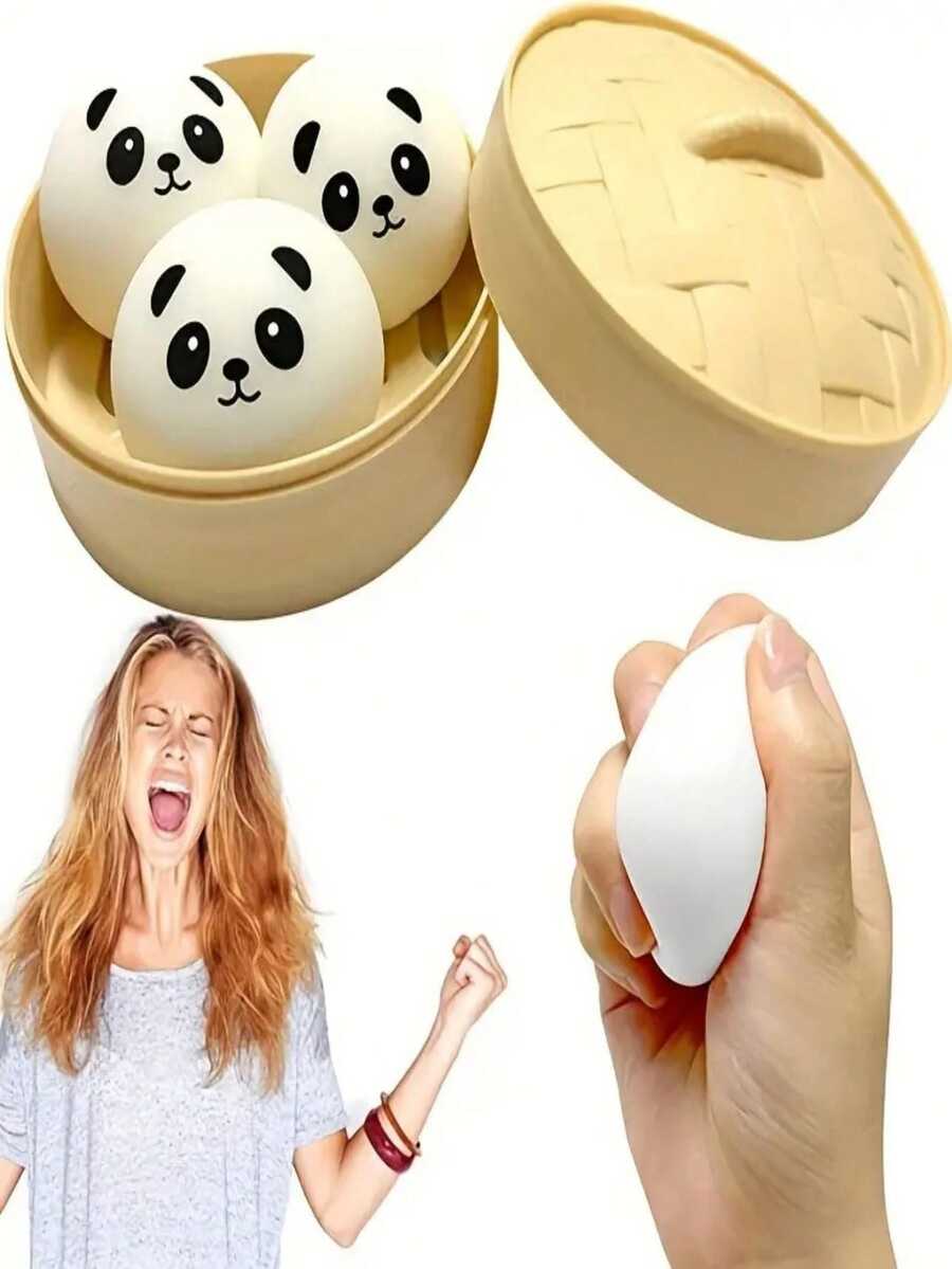 3 件裝(款式和顏色隨機)可愛熊餃子鬆軟壓力球擠壓玩具 - 緩解焦慮坐立不安玩具帶竹蒸籠 - 女士減壓禮物 - 彩色 - 查看 1