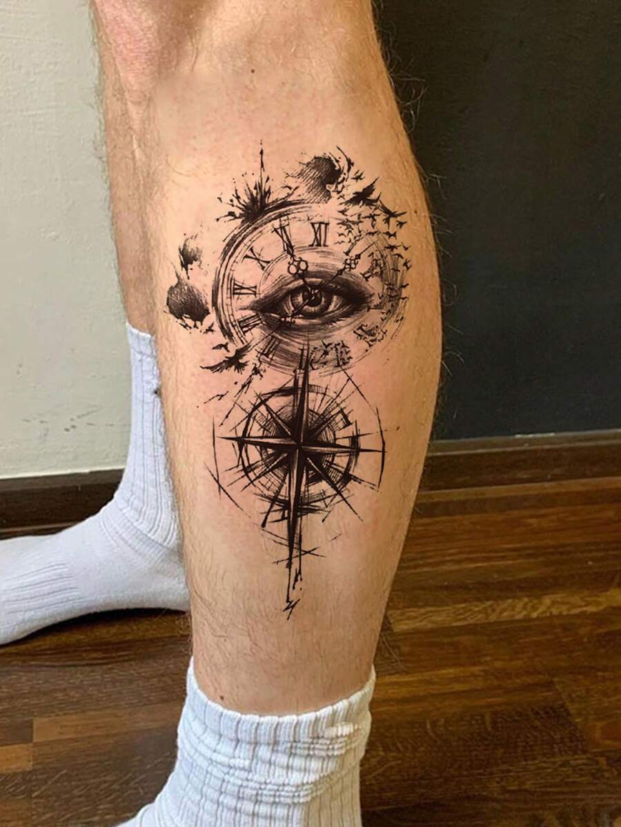 1枚古羅馬時鐘,羅盤,邪惡眼圖案的耐水臨時紋身貼紙,男女通用 - 黑色 - 查看 1