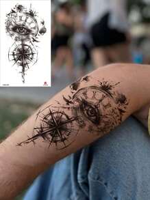 1枚古羅馬時鐘,羅盤,邪惡眼圖案的耐水臨時紋身貼紙,男女通用 - 黑色 - 查看 2