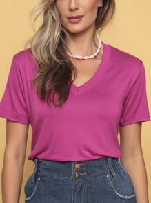 Blusa Feminina Decote V Dellamarca Viscose e Elastano Confortável - Violeta - Visão 2