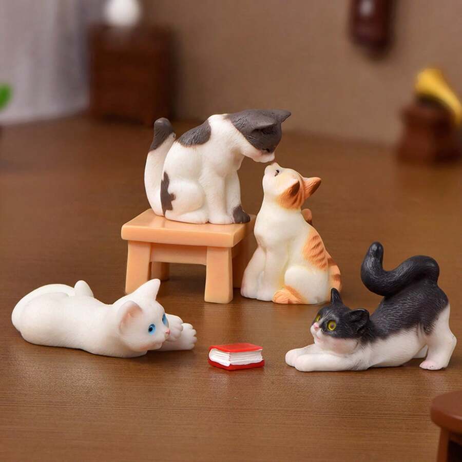 4 件套随机颜色娃娃屋微型可爱卡通逼真小猫动物模型 DIY 装饰品桌面装饰最佳礼物 - 圖片色 - 查看 1