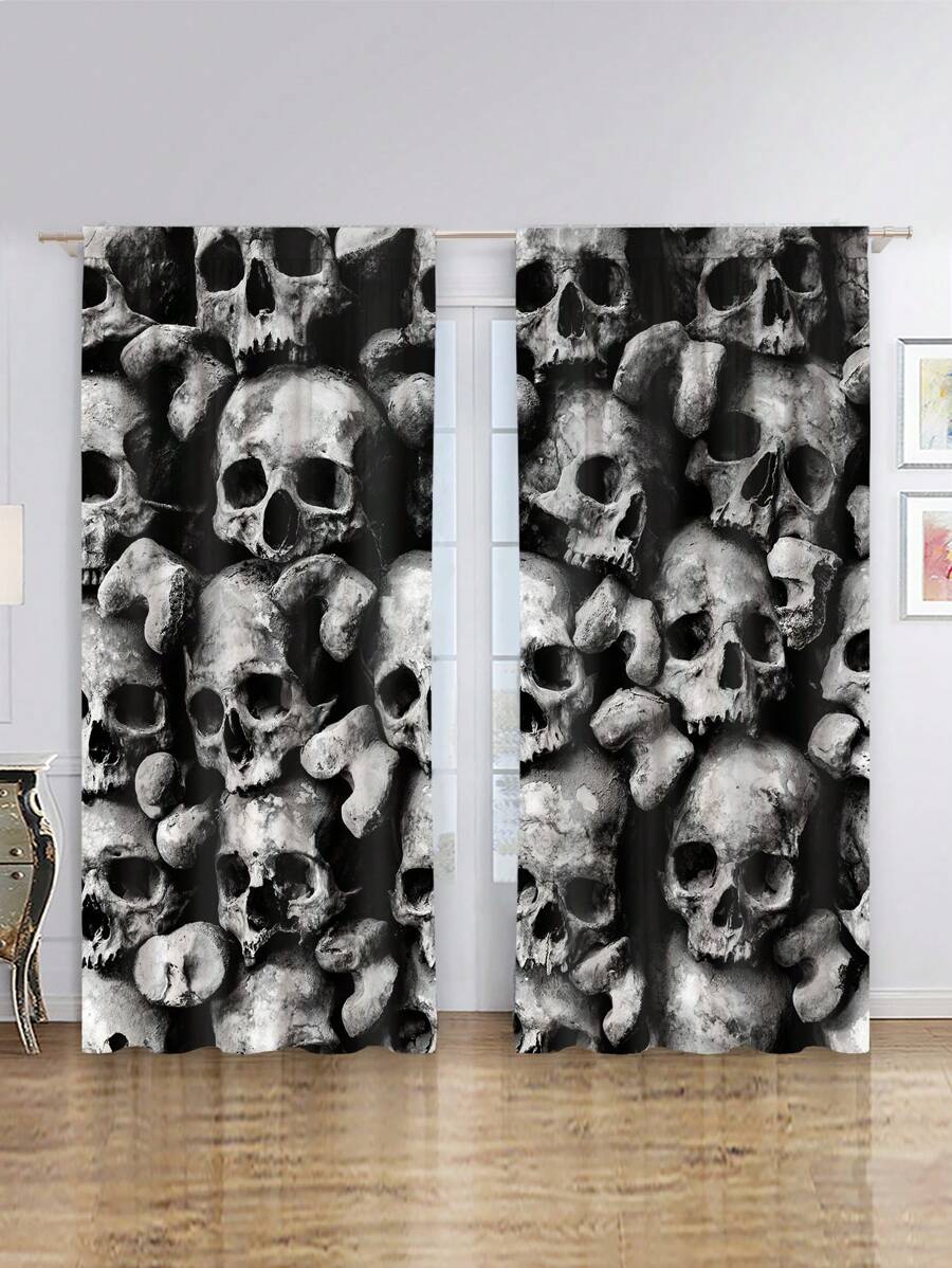 2 件裝堆疊骷髏印花窗簾帶桿家居萬聖節裝飾 - 彩色 - 查看 1