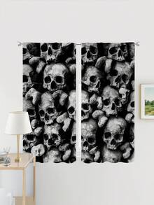2 件裝堆疊骷髏印花窗簾帶桿家居萬聖節裝飾 - 彩色 - 查看 4